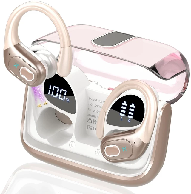 Main image of Wireless Earbuds 75H Bluetooth 5.4 Sport Headphones with Earhooks IPX7 Waterproof In-ear Buds Feature ENC Noise Cancelling Mic. Stereo Sound Device for Gym Running Workout, Rose Gold
