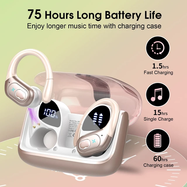 Alt view image 2 of 7 - Wireless Earbuds 75H Bluetooth 5.4 Sport Headphones with Earhooks IPX7 Waterproof In-ear Buds Feature ENC Noise Cancelling Mic. Stereo Sound Device for Gym Running Workout, Rose Gold