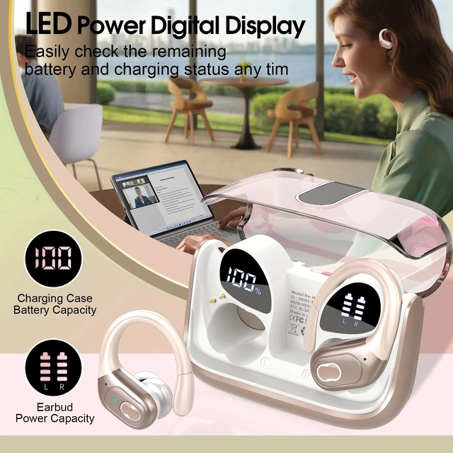 Alt view image 6 of 7 - Wireless Earbuds 75H Bluetooth 5.4 Sport Headphones with Earhooks IPX7 Waterproof In-ear Buds Feature ENC Noise Cancelling Mic. Stereo Sound Device for Gym Running Workout, Rose Gold