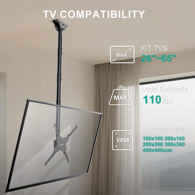 Alt view image 2 of 7 - Long Arm Ceiling TV Mount for 26-65 inch LCD LED 4K TVs, up to 110 lbs Hanging Pole Ceiling Mount TV Bracket, Height Extension 58 inch, Full Motion with Tilt, Swivel, Max VESA 400x400mm (CM2665XL)
