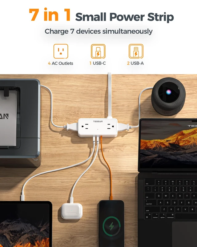 Alt view image 2 of 7 - Extension Cord 5 FT, Power Strip with 900J Surge Protection, White 4 AC Outlets 1 USB C and 2 USB A Ports, Flat Plug, Multiple Wall Outlet Extender Suitable for Office Dorm