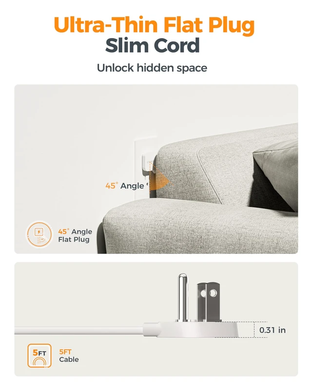 Alt view image 3 of 7 - Extension Cord 5 FT, Power Strip with 900J Surge Protection, White 4 AC Outlets 1 USB C and 2 USB A Ports, Flat Plug, Multiple Wall Outlet Extender Suitable for Office Dorm