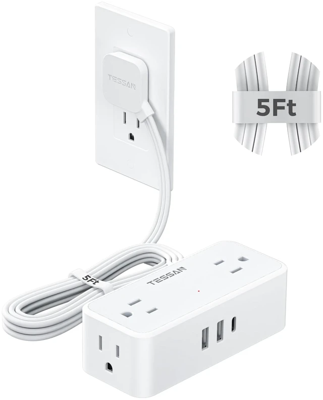 Main image of Extension Cord 5 FT, Power Strip with 900J Surge Protection, White 4 AC Outlets 1 USB C and 2 USB A Ports, Flat Plug, Multiple Wall Outlet Extender Suitable for Office Dorm