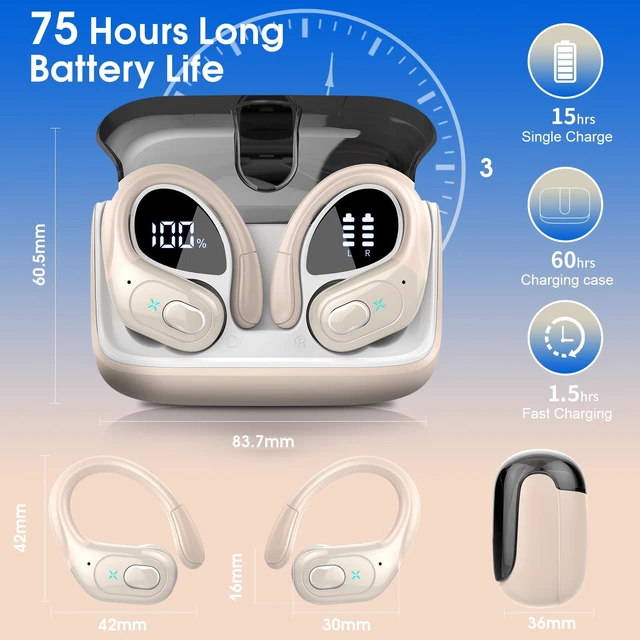 Alt view image 2 of 7 - Wireless Earbuds 75H Bluetooth 5.4 Sport Headphones with Earhooks, Camel IPX7 Waterproof In-ear Buds Feature ENC Noise Cancelling Mic & Deep Bass. Stereo Sound Device for Gym Running Workout