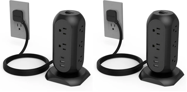Main image of Tower Power Strip Flat Plug with 1050J Surge Protection, 6 Ft, Black (Pack of 2)