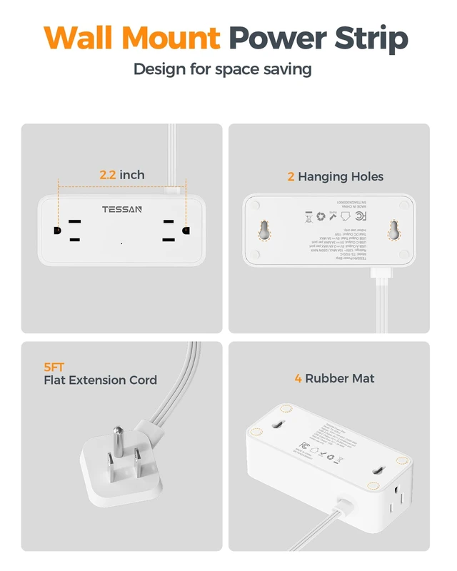 Alt view image 7 of 7 - Extension Cord 5 FT, Power Strip with 900J Surge Protection, White 4 AC Outlets 1 USB C and 2 USB A Ports, Flat Plug, Multiple Wall Outlet Extender Suitable for Office Dorm
