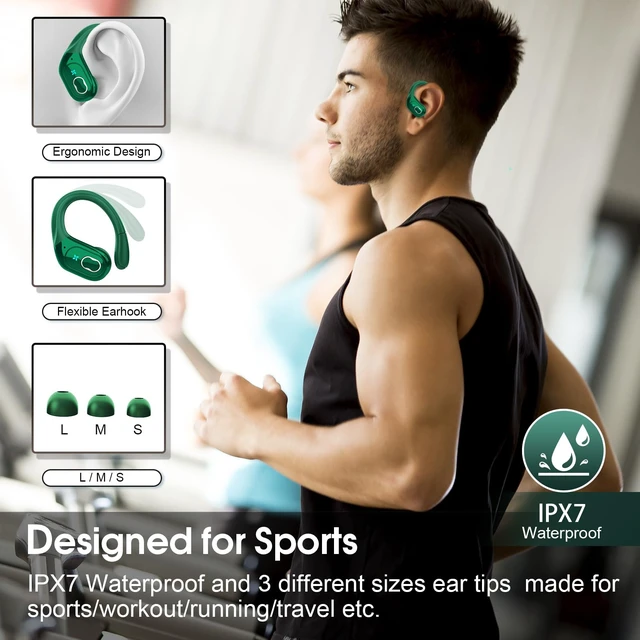 Alt view image 3 of 7 - Wireless Earbuds 75H Bluetooth 5.4 Sport Headphones with Earhooks IPX7 Waterproof In-ear Buds Feature ENC Noise Cancelling Mic. Stereo Sound Device for Gym Running Workout, Dark Green