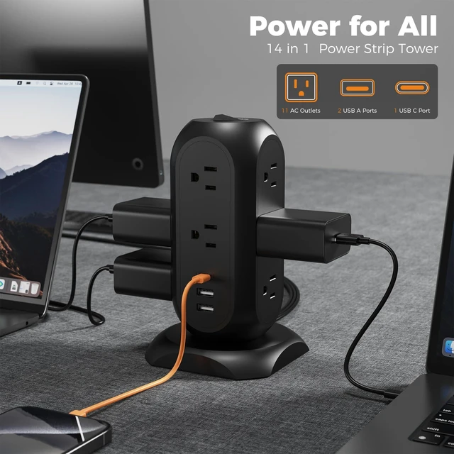Alt view image 2 of 7 - Tower Power Strip Flat Plug with 1050J Surge Protection, 6 Ft, Black (Pack of 2)