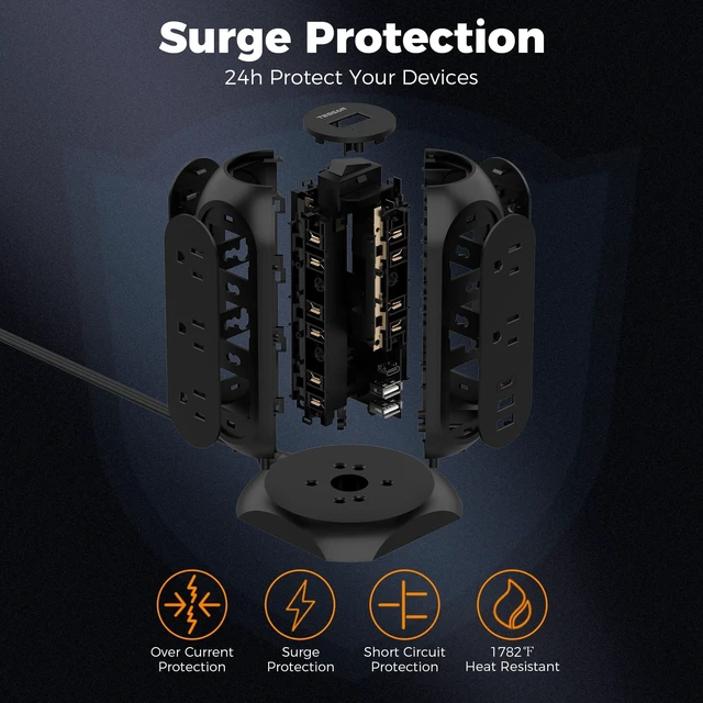 Alt view image 3 of 7 - Tower Power Strip Flat Plug with 1050J Surge Protection, 6 Ft, Black (Pack of 2)