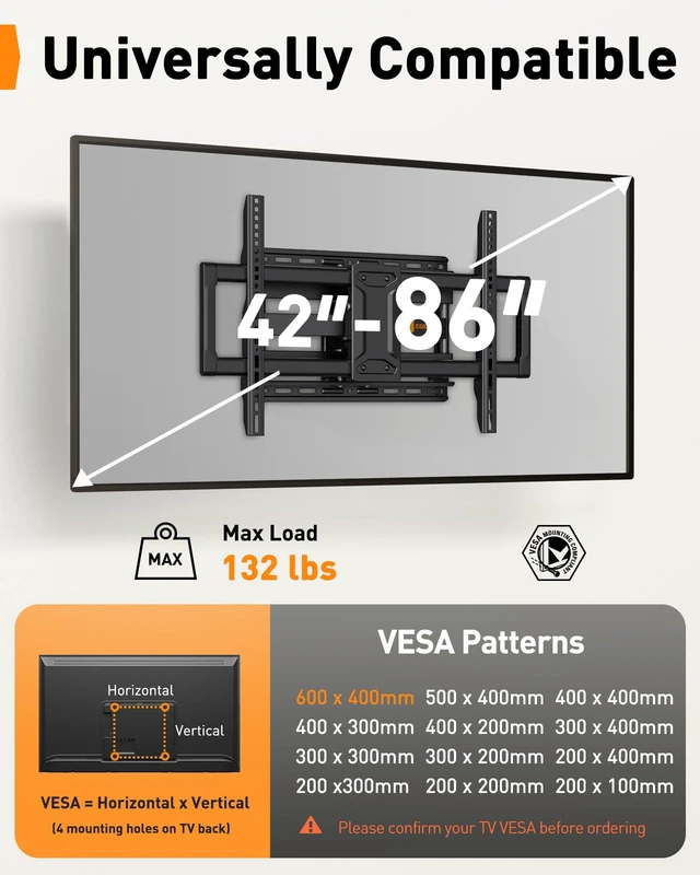 Alt view image 2 of 7 - Full Motion TV Wall Mount for 4286 inch TVs up to 132 lbs 30% thicker heavy-duty articulating arm, tool-free tilt, swivel, extend, level, fits 16" studs, max VESA 600x400mm, UL listed