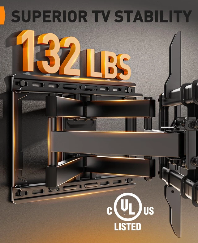 Alt view image 3 of 7 - Full Motion TV Wall Mount for 4286 inch TVs up to 132 lbs 30% thicker heavy-duty articulating arm, tool-free tilt, swivel, extend, level, fits 16" studs, max VESA 600x400mm, UL listed