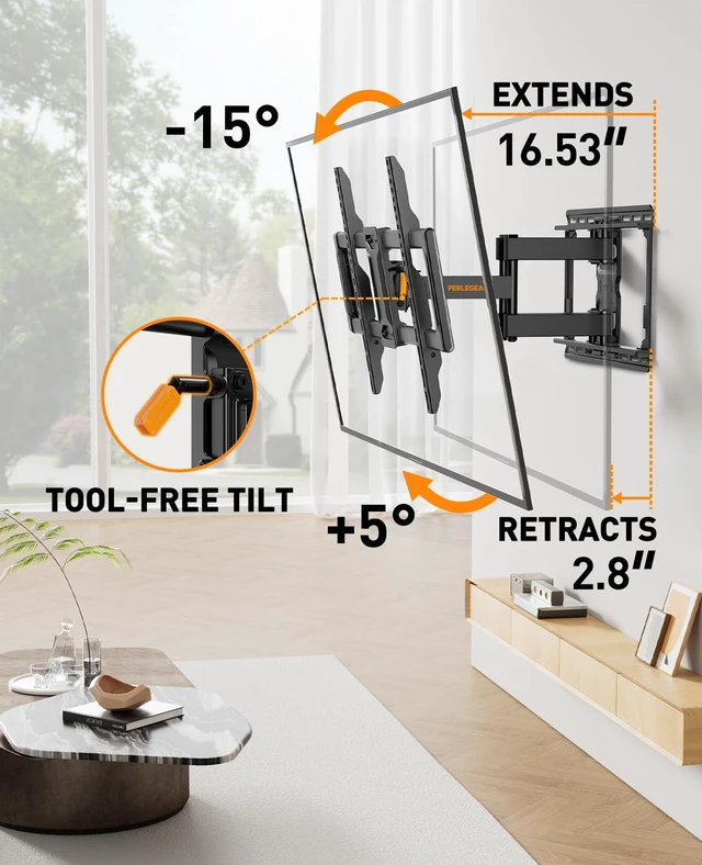 Alt view image 6 of 7 - Full Motion TV Wall Mount for 4286 inch TVs up to 132 lbs 30% thicker heavy-duty articulating arm, tool-free tilt, swivel, extend, level, fits 16" studs, max VESA 600x400mm, UL listed