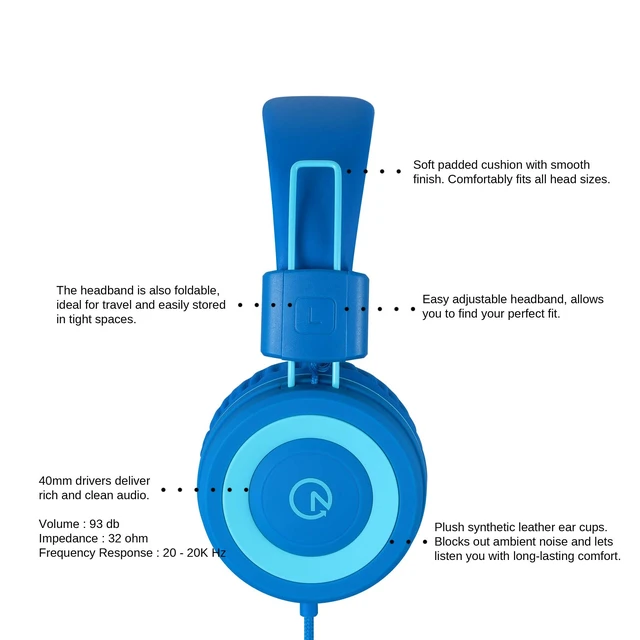 Alt view image 2 of 4 - K11 Kids Headphones Wired 3.5mm Jack Tangle-Free Skyline Blue 5ft Long Cord, Foldable, Plug in On-Ear Headset for iPad, Kindle Fire, Boys, Girls, School, Laptop Travel Plane Tablet