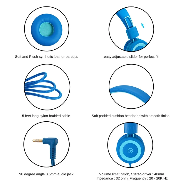 Alt view image 3 of 4 - K11 Kids Headphones Wired 3.5mm Jack Tangle-Free Skyline Blue 5ft Long Cord, Foldable, Plug in On-Ear Headset for iPad, Kindle Fire, Boys, Girls, School, Laptop Travel Plane Tablet