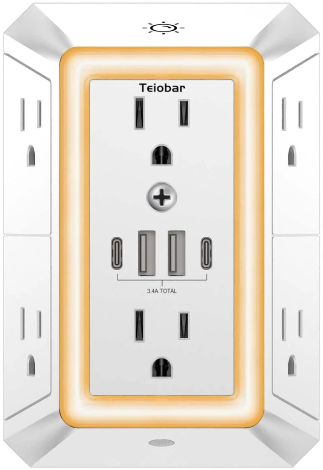 Main image of Multi Plug Wall Outlet Surge Protector with 6-Outlet & 4 USB Ports(2USB-C) 3-Sided Outlet Extender with Night Light, Outlet Splitter for Home Office Dorm Room Essentials, ETL Listed, White