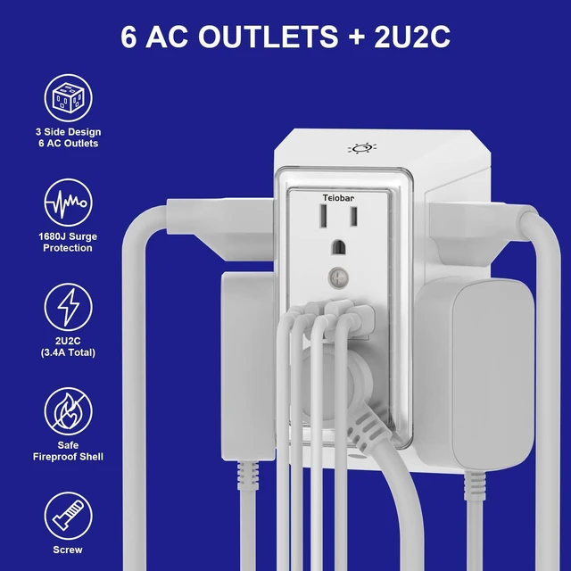 Alt view image 2 of 7 - Multi Plug Wall Outlet Surge Protector with 6-Outlet & 4 USB Ports(2USB-C) 3-Sided Outlet Extender with Night Light, Outlet Splitter for Home Office Dorm Room Essentials, ETL Listed, White