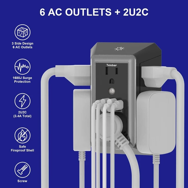 Alt view image 2 of 7 - Multi Plug Wall Outlet Surge Protector with 6-Outlet & 4 USB Ports(2USB-C) 3-Sided Outlet Extender with Night Light, Outlet Splitter for Home Office Dorm Room Essentials, ETL Listed, Black