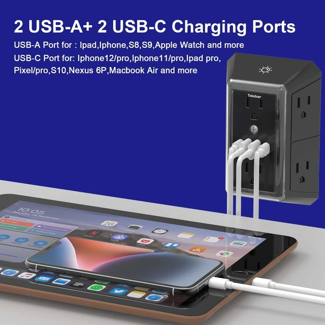 Alt view image 3 of 7 - Multi Plug Wall Outlet Surge Protector with 6-Outlet & 4 USB Ports(2USB-C) 3-Sided Outlet Extender with Night Light, Outlet Splitter for Home Office Dorm Room Essentials, ETL Listed, Black