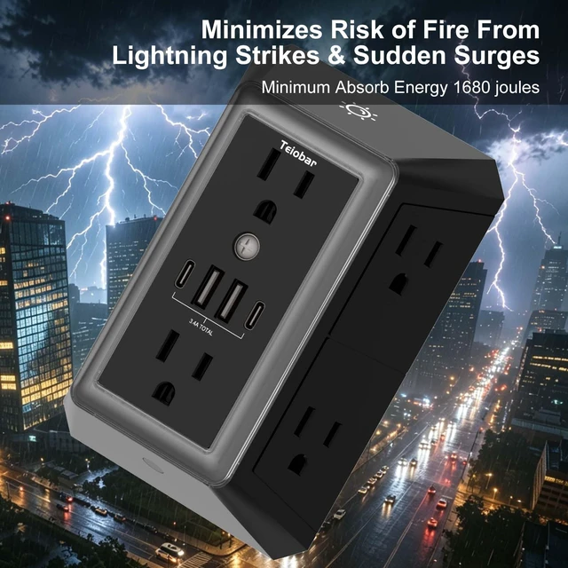 Alt view image 5 of 7 - Multi Plug Wall Outlet Surge Protector with 6-Outlet & 4 USB Ports(2USB-C) 3-Sided Outlet Extender with Night Light, Outlet Splitter for Home Office Dorm Room Essentials, ETL Listed, Black