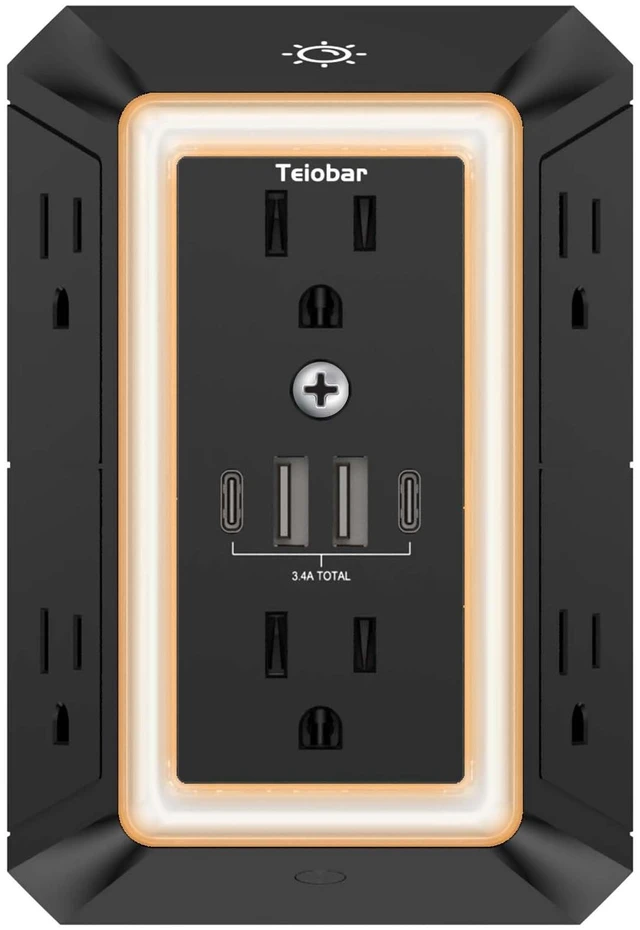 Main image of Multi Plug Wall Outlet Surge Protector with 6-Outlet & 4 USB Ports(2USB-C) 3-Sided Outlet Extender with Night Light, Outlet Splitter for Home Office Dorm Room Essentials, ETL Listed, Black