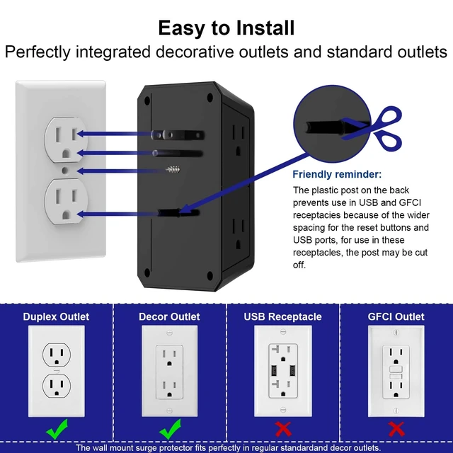 Alt view image 6 of 7 - Multi Plug Wall Outlet Surge Protector with 6-Outlet & 4 USB Ports(2USB-C) 3-Sided Outlet Extender with Night Light, Outlet Splitter for Home Office Dorm Room Essentials, ETL Listed, Black