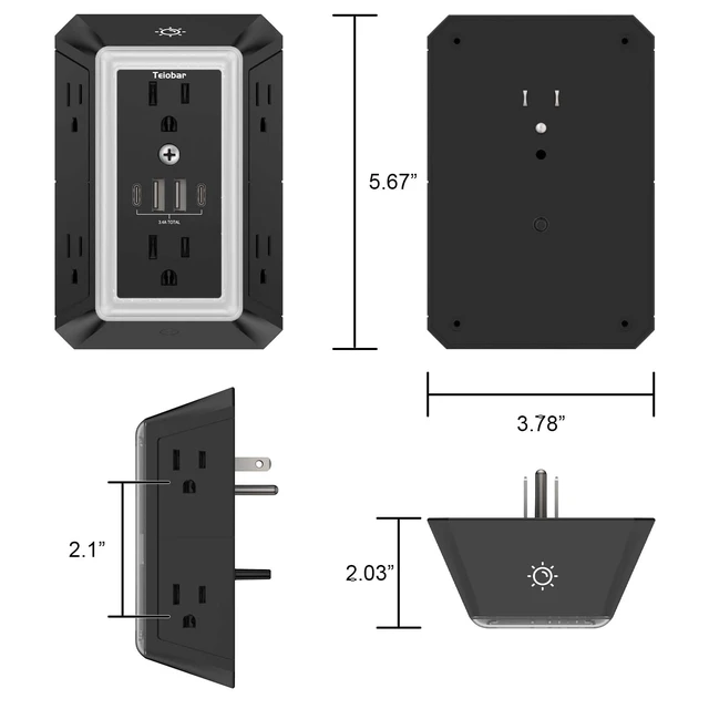Alt view image 7 of 7 - Multi Plug Wall Outlet Surge Protector with 6-Outlet & 4 USB Ports(2USB-C) 3-Sided Outlet Extender with Night Light, Outlet Splitter for Home Office Dorm Room Essentials, ETL Listed, Black