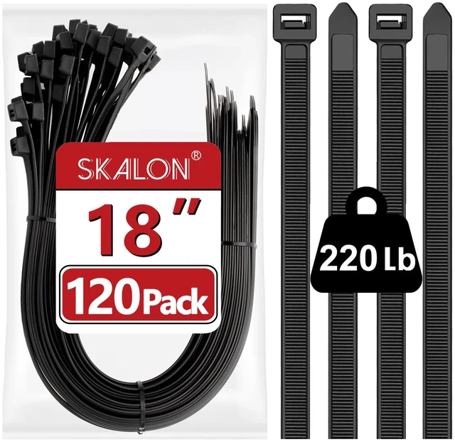 Main image of Large Zip Ties 18 Inch (120 Pack) - Heavy Duty, 220 lb Tensile Strength, Black Cable Ties, Extra Long Wire Ties