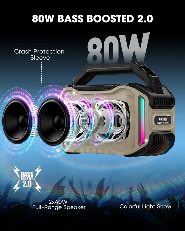 Alt view image 2 of 7 - Speakers Bluetooth Wireless: 80W(Peak) Loud Speaker with Bass, 20H Playtime, IPX6 Waterproof, Large Jobsite Speakers for Work, Outdoor, Workshop, Garage, Portable Speaker with TWS (Desert)