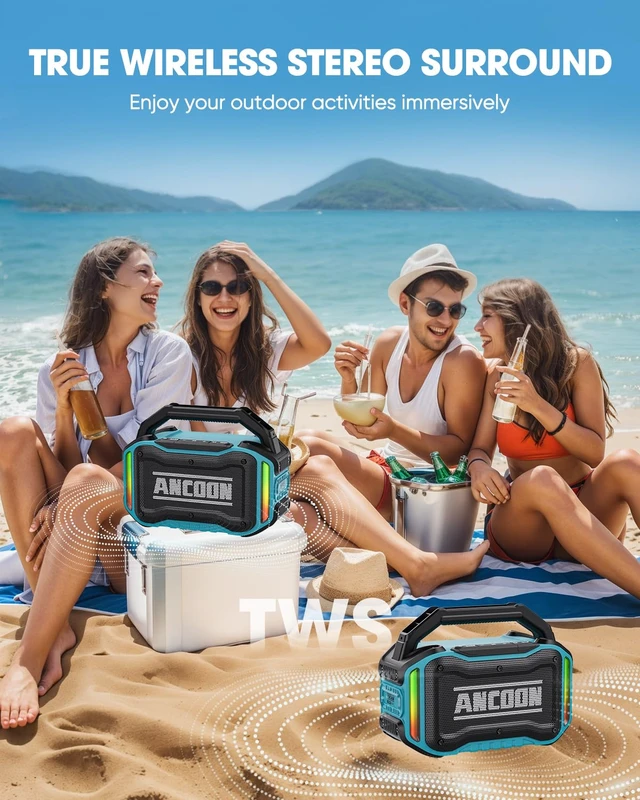 Alt view image 4 of 7 - Speakers Bluetooth Wireless: 80W(Peak) Loud Speaker with Bass, 20H Playtime, IPX6 Waterproof, Large Jobsite Speakers for Work, Outdoor, Workshop, Garage, Portable Speaker with TWS (Sky Blue)