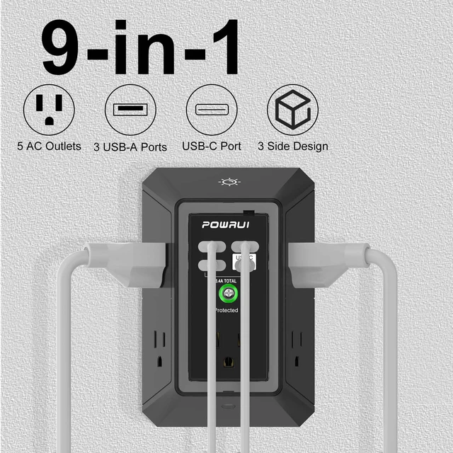 Alt view image 2 of 7 - 3-Sided Outlet Extender with Night Light - Multi Plug Wall Outlet with 5 Outlets and 4 USB Charging Ports(1 USB C), 1680J Power Strip for Home, Office, Travel, ETL Listed, Black