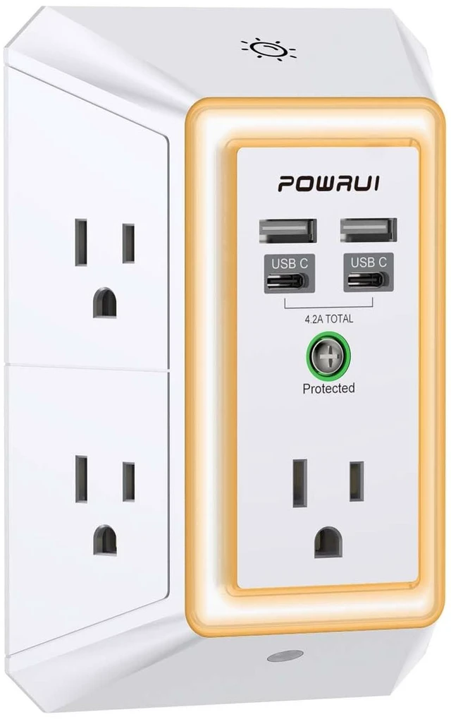Main image of 3-Sided Outlet Extender with Night Light - Multi Plug Outlet with 5 Outlets and 4 USB Ports(2 USB-C), USB Wall Charger for Home, Office, Travel, ETL Listed, White