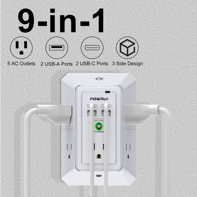 Alt view image 3 of 7 - 3-Sided Outlet Extender with Night Light - Multi Plug Outlet with 5 Outlets and 4 USB Ports(2 USB-C), USB Wall Charger for Home, Office, Travel, ETL Listed, White