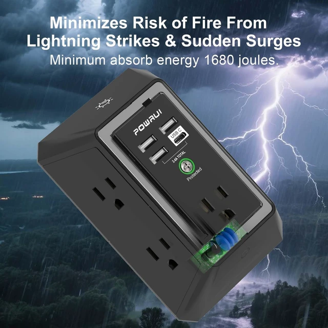Alt view image 7 of 7 - 3-Sided Outlet Extender with Night Light - Multi Plug Wall Outlet with 5 Outlets and 4 USB Charging Ports(1 USB C), 1680J Power Strip for Home, Office, Travel, ETL Listed, Black