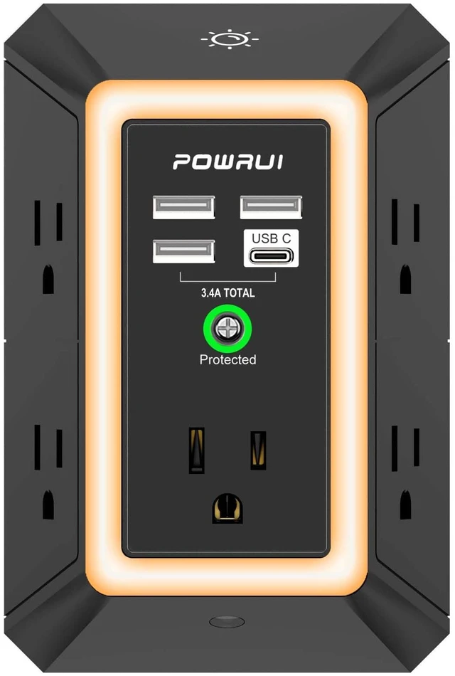Main image of 3-Sided Outlet Extender with Night Light - Multi Plug Wall Outlet with 5 Outlets and 4 USB Charging Ports(1 USB C), 1680J Power Strip for Home, Office, Travel, ETL Listed, Black