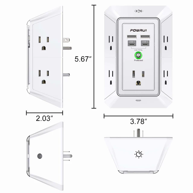 Alt view image 7 of 7 - 3-Sided Outlet Extender with Night Light - Multi Plug Outlet with 5 Outlets and 4 USB Ports(2 USB-C), USB Wall Charger for Home, Office, Travel, ETL Listed, White