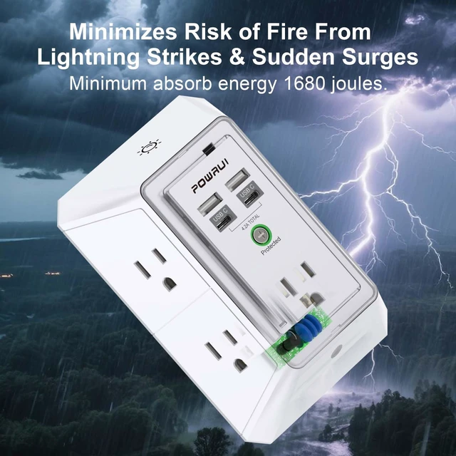 Alt view image 5 of 7 - 3-Sided Outlet Extender with Night Light - Multi Plug Outlet with 5 Outlets and 4 USB Ports(2 USB-C), USB Wall Charger for Home, Office, Travel, ETL Listed, White