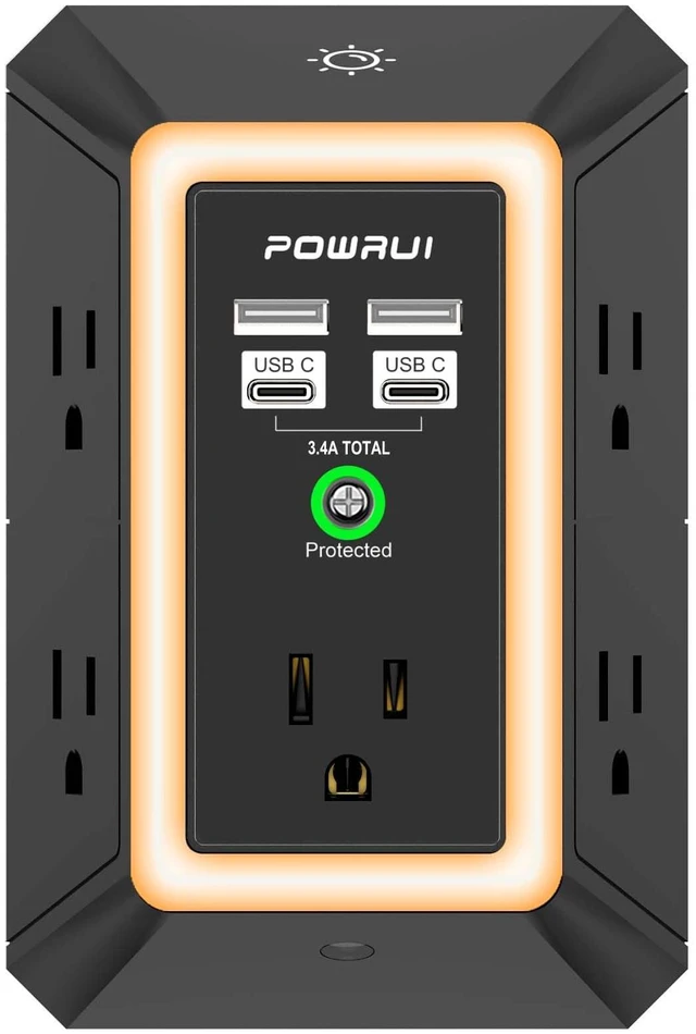 Main image of 3-Sided Outlet Extender with Night Light - Multi Plug Wall Outlet with 5 Outlets and 4 USB Charging Ports(2 USB C), 1680J Power Strip for Home, Office, Travel, ETL Listed, Black