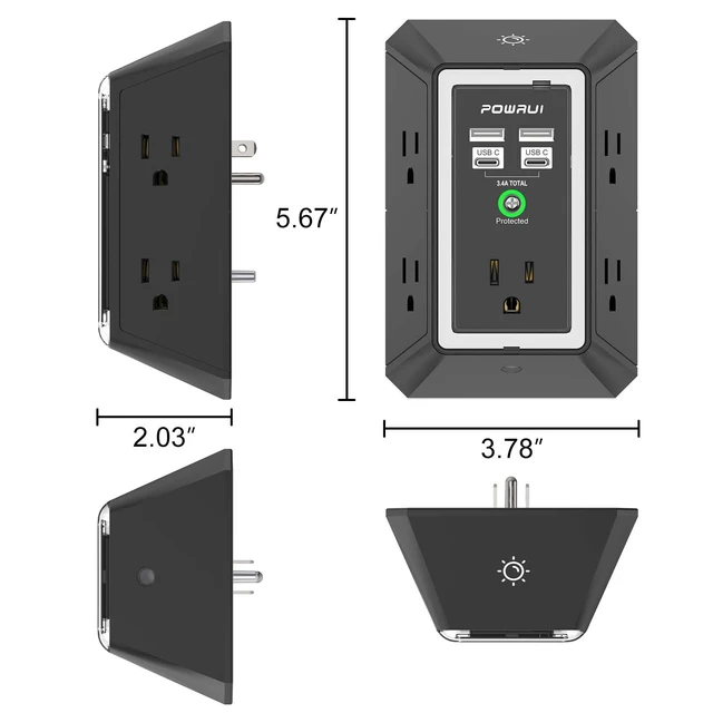 Alt view image 7 of 7 - 3-Sided Outlet Extender with Night Light - Multi Plug Wall Outlet with 5 Outlets and 4 USB Charging Ports(2 USB C), 1680J Power Strip for Home, Office, Travel, ETL Listed, Black