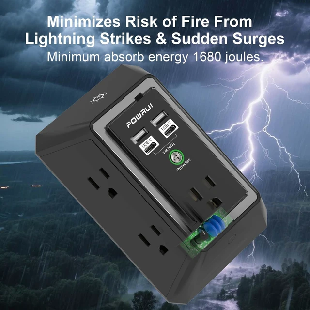 Alt view image 6 of 7 - 3-Sided Outlet Extender with Night Light - Multi Plug Wall Outlet with 5 Outlets and 4 USB Charging Ports(2 USB C), 1680J Power Strip for Home, Office, Travel, ETL Listed, Black