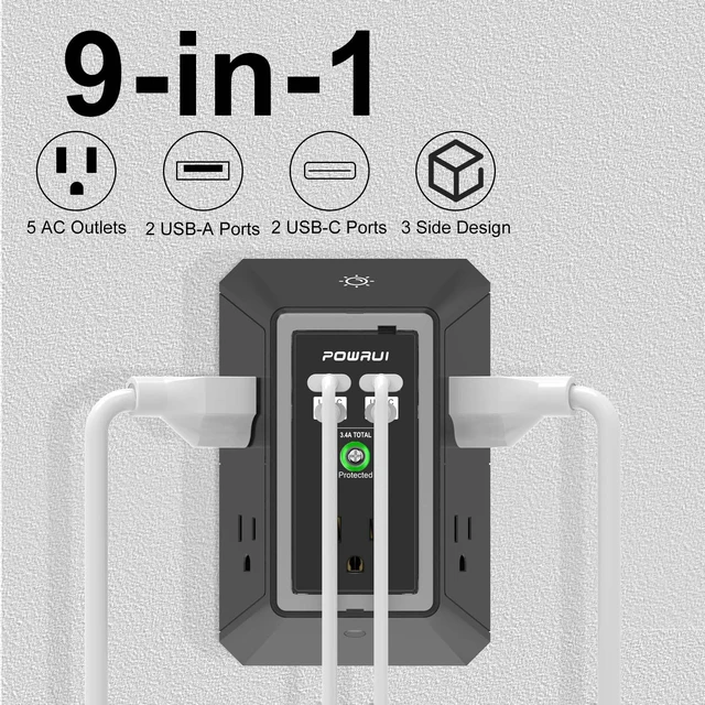 Alt view image 3 of 7 - 3-Sided Outlet Extender with Night Light - Multi Plug Wall Outlet with 5 Outlets and 4 USB Charging Ports(2 USB C), 1680J Power Strip for Home, Office, Travel, ETL Listed, Black