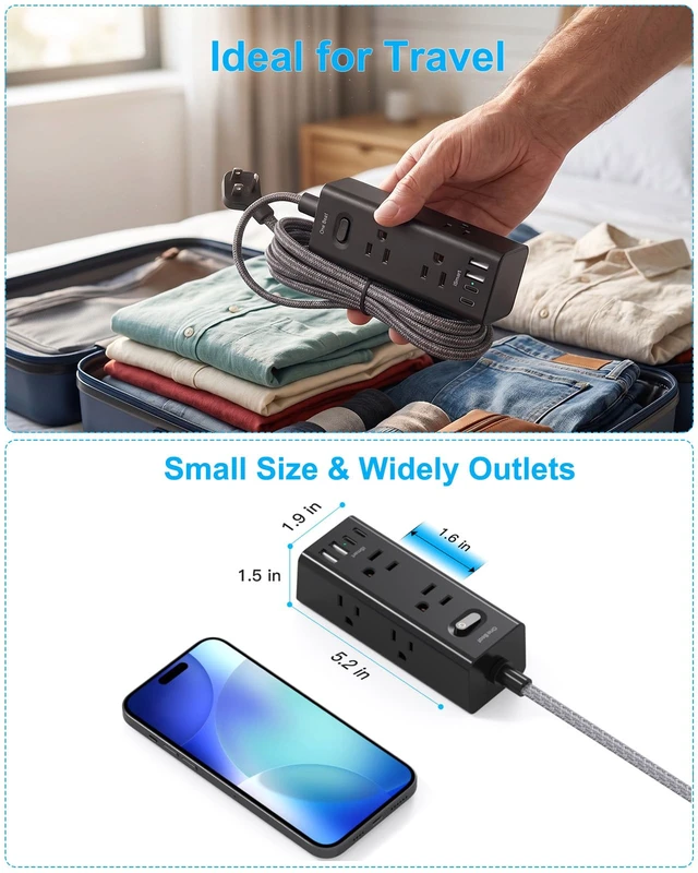 Alt view image 6 of 7 - 3Ft Short Extension Cord Flat Wall Plug Power Strip Surge Protector, Black 6 Outlets 4 USB Ports(2 USB C), Outlet Extender Small Power Strip for Travel Home Office College Dorm Room Station