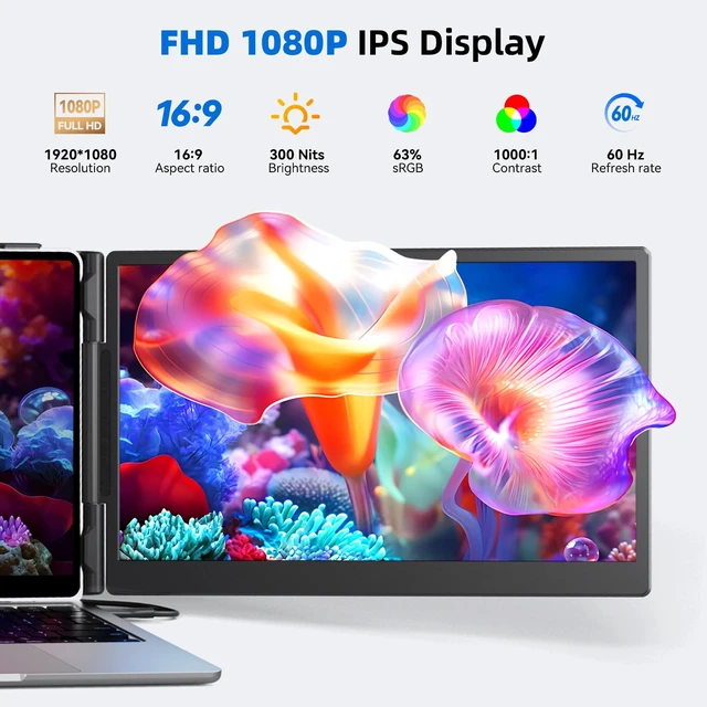 Alt view image 3 of 7 - 14" Laptop Screen Extender, 1.8 lb Lightweight Second Portable Monitor 1080P FHD IPS, 300-nit, 72% NTSC display; Driver-free USB-C/HDMI; Mirror, extend or rotate 180°; For 13-17 laptops;