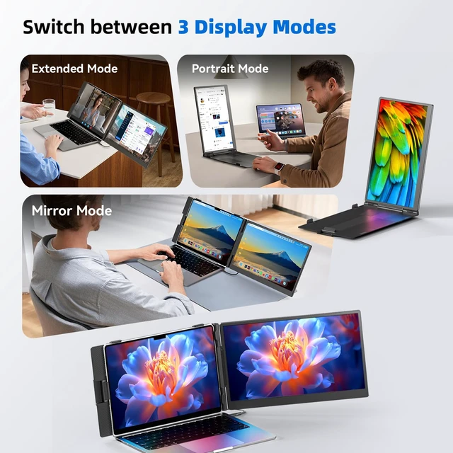 Alt view image 4 of 7 - 14" Laptop Screen Extender, 1.8 lb Lightweight Second Portable Monitor 1080P FHD IPS, 300-nit, 72% NTSC display; Driver-free USB-C/HDMI; Mirror, extend or rotate 180°; For 13-17 laptops;