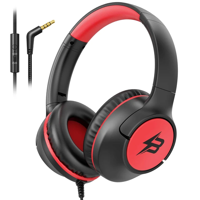 Main image of Wired Headphones for Kids for School, 3.5mm Cord 85/94dB Volume, Black Red Over Ear Headphones with Microphone for Kids Boys Girls Toddler, Plug in Headphone for Kindle Tablet Computer Airplane Travel