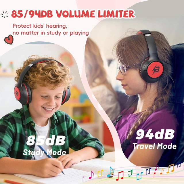 Alt view image 2 of 7 - Wired Headphones for Kids for School, 3.5mm Cord 85/94dB Volume, Black Red Over Ear Headphones with Microphone for Kids Boys Girls Toddler, Plug in Headphone for Kindle Tablet Computer Airplane Travel