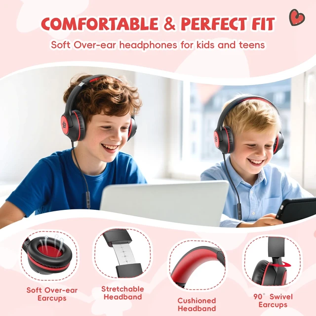 Alt view image 3 of 7 - Wired Headphones for Kids for School, 3.5mm Cord 85/94dB Volume, Black Red Over Ear Headphones with Microphone for Kids Boys Girls Toddler, Plug in Headphone for Kindle Tablet Computer Airplane Travel