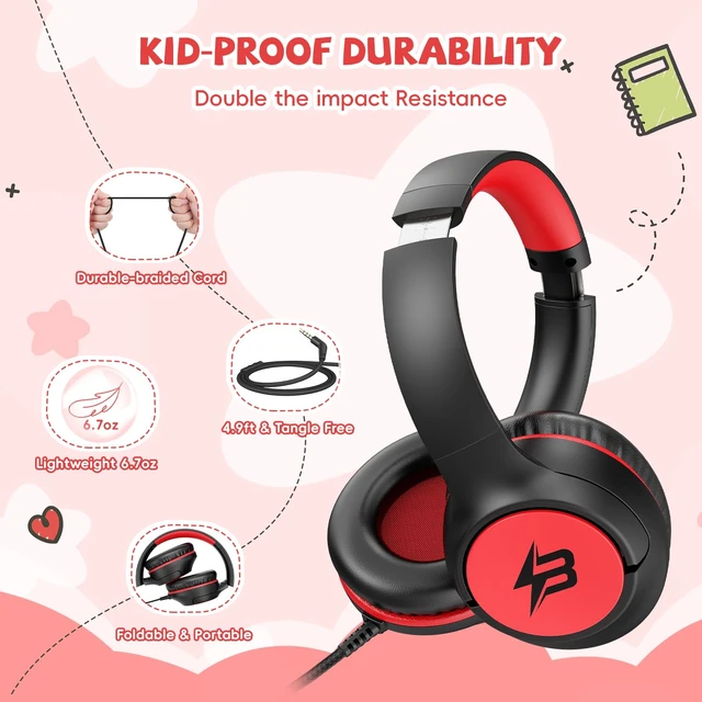 Alt view image 6 of 7 - Wired Headphones for Kids for School, 3.5mm Cord 85/94dB Volume, Black Red Over Ear Headphones with Microphone for Kids Boys Girls Toddler, Plug in Headphone for Kindle Tablet Computer Airplane Travel