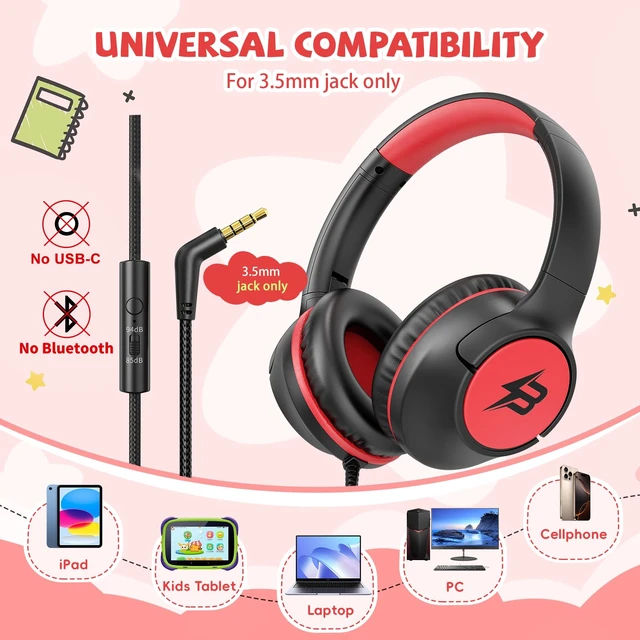 Alt view image 4 of 7 - Wired Headphones for Kids for School, 3.5mm Cord 85/94dB Volume, Black Red Over Ear Headphones with Microphone for Kids Boys Girls Toddler, Plug in Headphone for Kindle Tablet Computer Airplane Travel