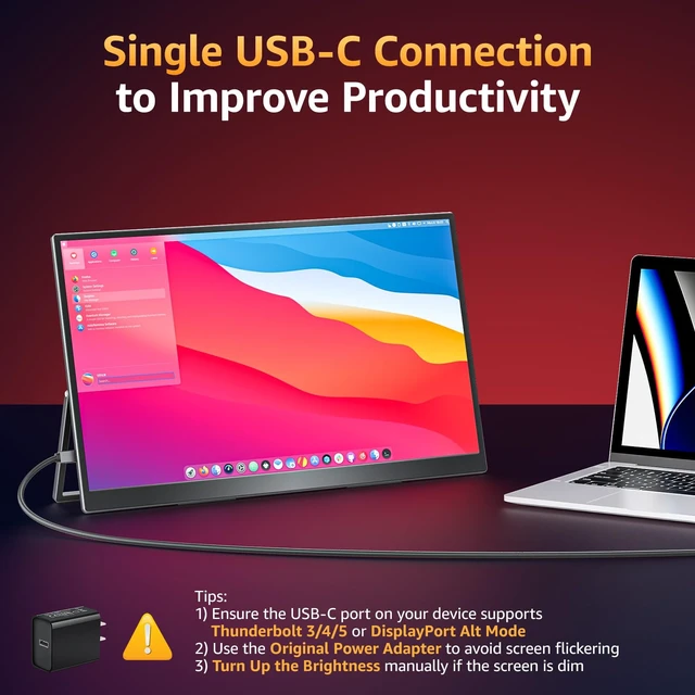 Alt view image 2 of 7 - Portable Monitor 18.5 inch FHD 125% sRGB 100Hz IPS HDR HDMI USB-C Travel Monitor for Laptop MacBook PC Surface PS5 Xbox, Large External Display with Kickstand & Speakers, VESA Compatible