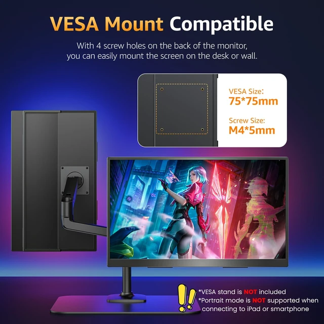 Alt view image 6 of 7 - Portable Monitor 18.5 inch FHD 125% sRGB 100Hz IPS HDR HDMI USB-C Travel Monitor for Laptop MacBook PC Surface PS5 Xbox, Large External Display with Kickstand & Speakers, VESA Compatible